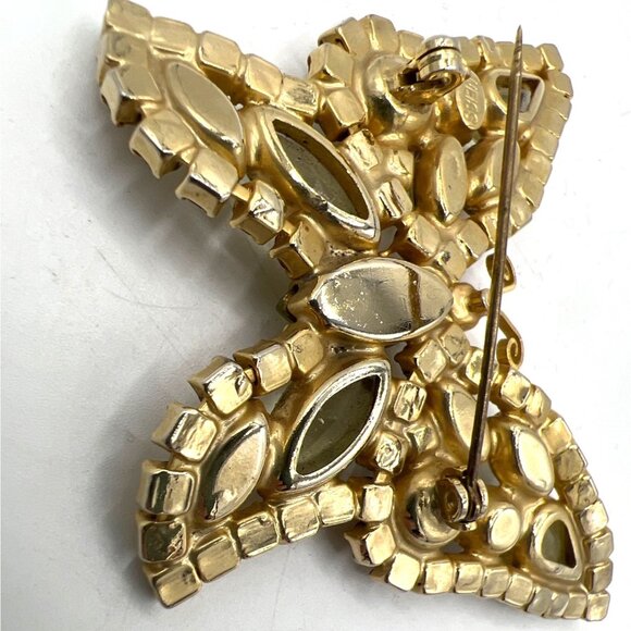 Weiss Signed Butterfly Brooch Aurora Borealis Citrine and Gold Colored Rhineston - Picture 7 of 11